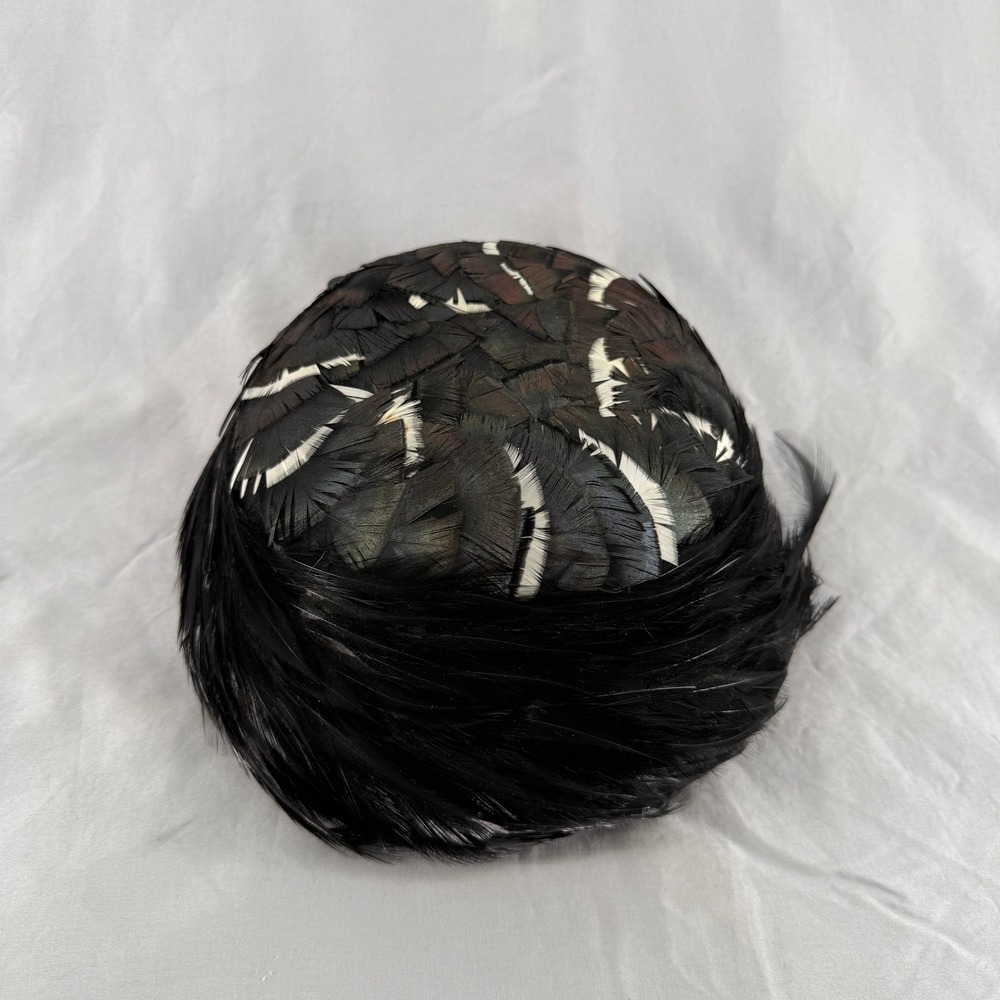 Vintage  Vtg Feather Pillbox Hat Black Brown Iridescent